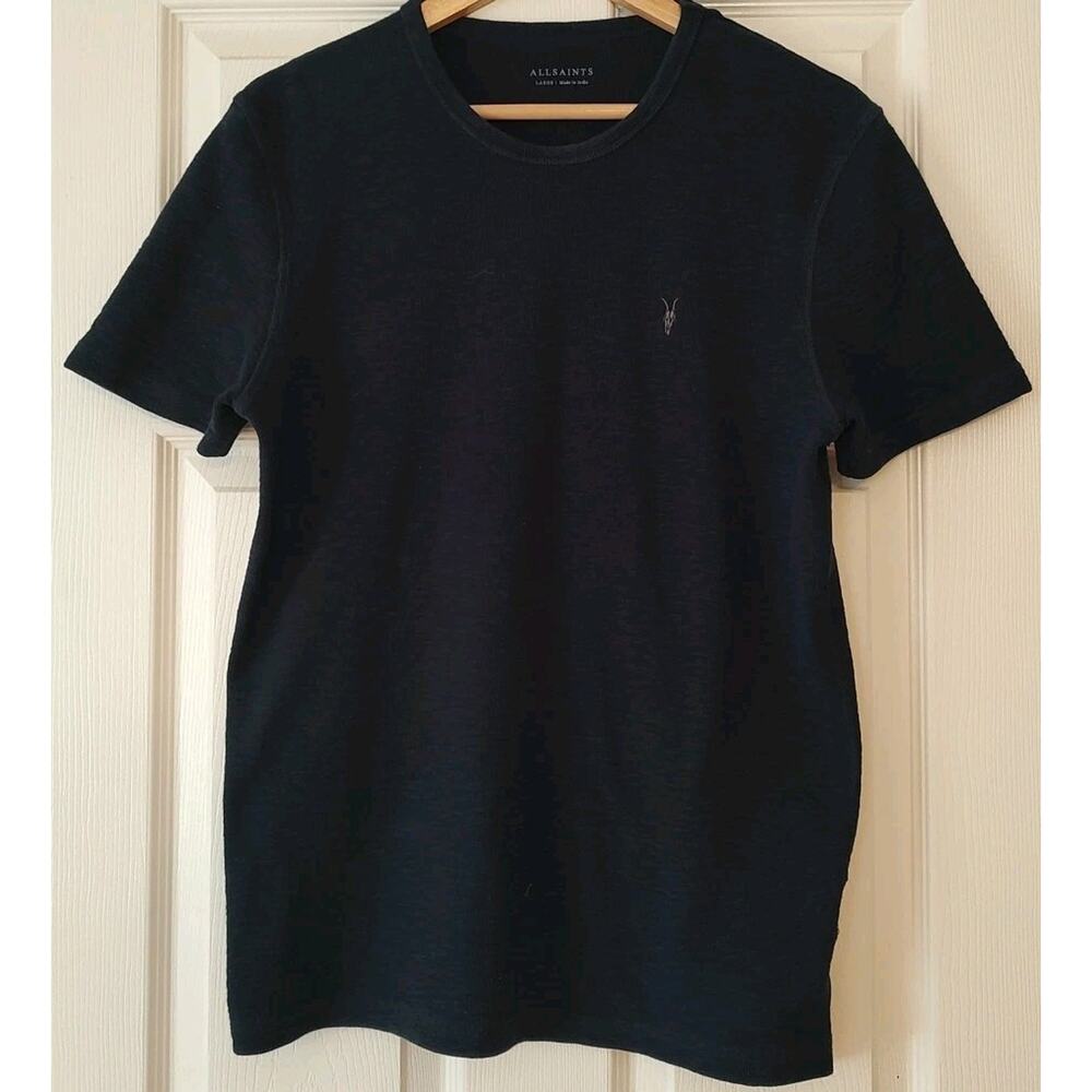 Men's AllSaints T Shirt Waffle Esum Short Sleeve Tee Crewneck Navy Blue - Large